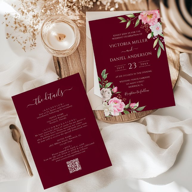 Burgundy Red Blush Pink Floral All In One Wedding Invitation (Creator Uploaded)