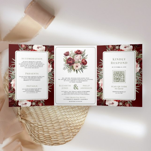 Burgundy Red Blush Pink Floral All in One Wedding Tri-Fold Invitation (Creator Uploaded)