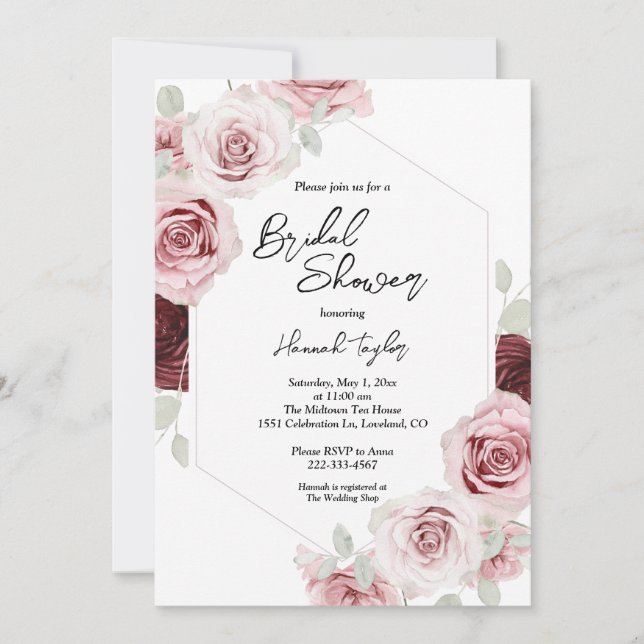 Burgundy Red Blush Pink Floral Bridal Shower Invitation (Front)