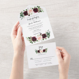 Burgundy Red Blush Pink Floral Eucalyptus Wedding All In One Invitation