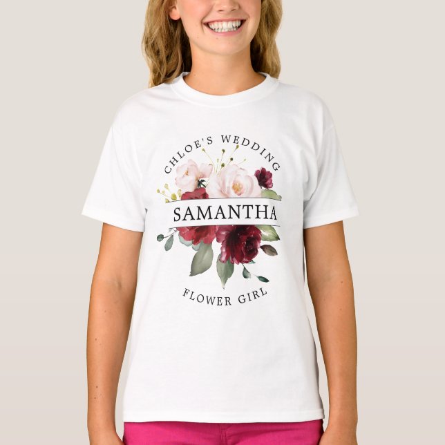 Burgundy Red Blush Pink Floral Flower Girl T-Shirt (Front)