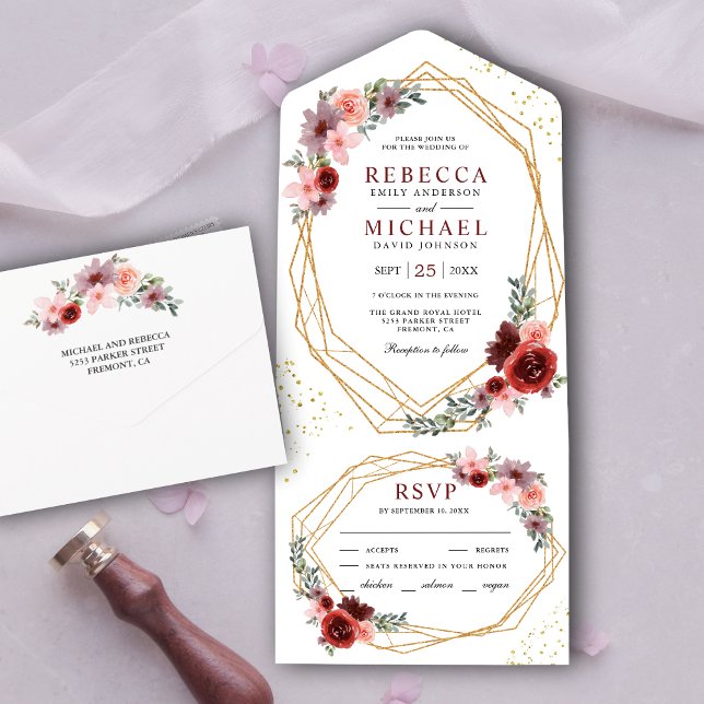 Burgundy Red Blush Pink Floral Geometric Wedding All In One Invitation (Creator Uploaded)