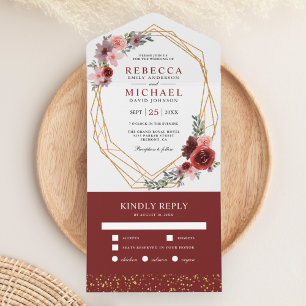 Burgundy Red Blush Pink Floral Gold Frame Wedding All In One Invitation