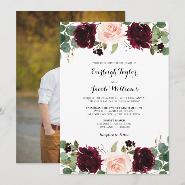 Burgundy Red Blush Pink Floral Photo Wedding Invitation (Front/Back)