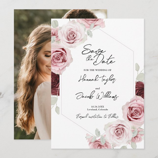 Burgundy Red Blush Pink Floral Photo Wedding Save The Date (Front/Back)
