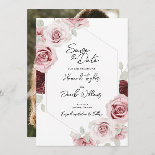 Burgundy Red Blush Pink Floral Photo Wedding Save The Date