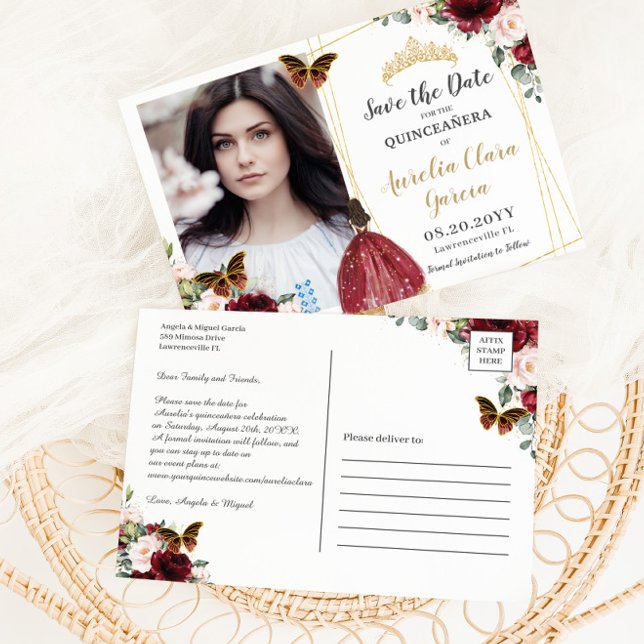Burgundy Red Blush Pink Floral Quinceañera Photo S Announcement Postcard (Creator Uploaded)