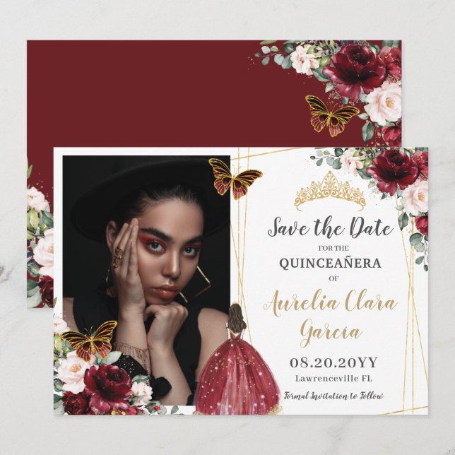 Burgundy Red Blush Pink Floral Quinceañera Photo Save The Date (Front/Back)