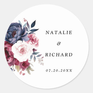 Burgundy Red blush pink floral watercolor wedding Classic Round Sticker