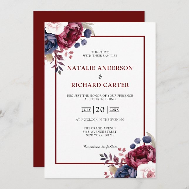 Burgundy Red blush pink floral watercolor wedding  Invitation (Front/Back)