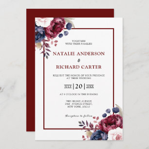 Burgundy Red blush pink floral watercolor wedding Invitation