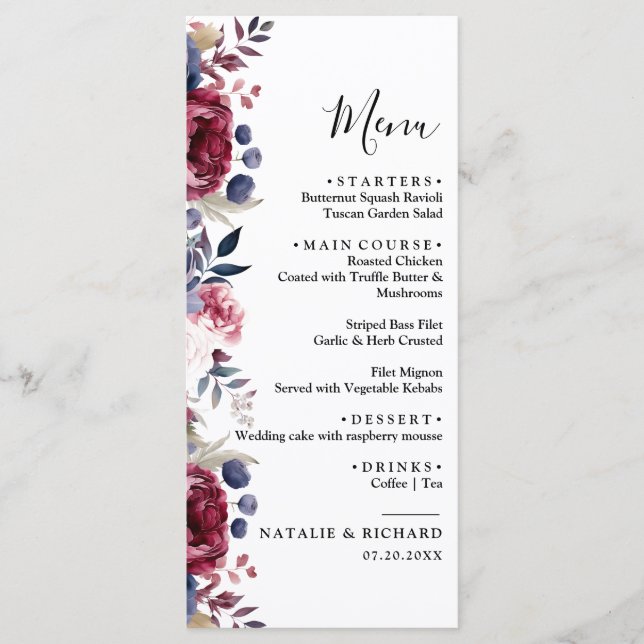 Burgundy Red blush pink floral watercolor wedding  Menu (Front)