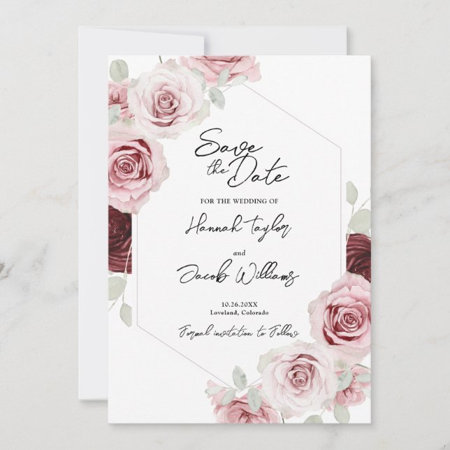 Burgundy Red Blush Pink Floral Wedding Save The Date (Front)