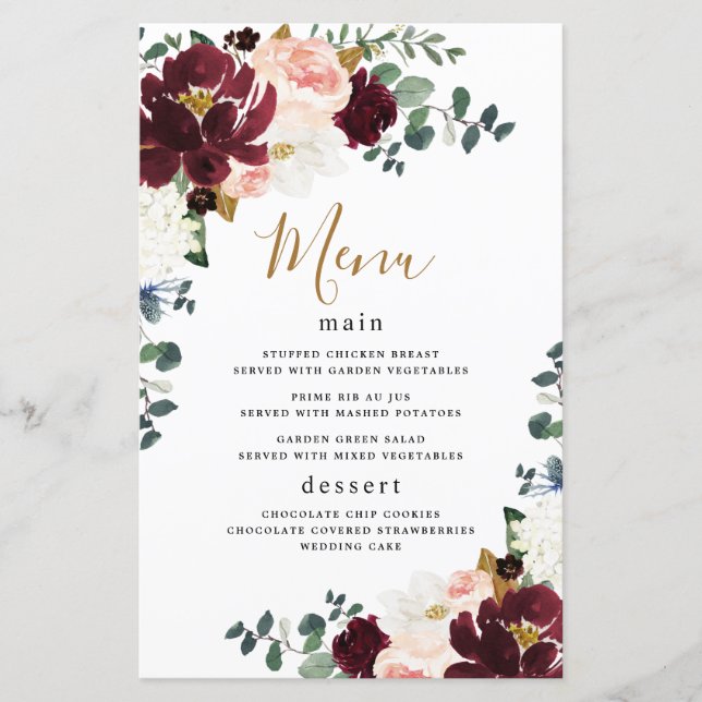 Burgundy Red Blush Pink Gold Wedding Menu Cards (Front)