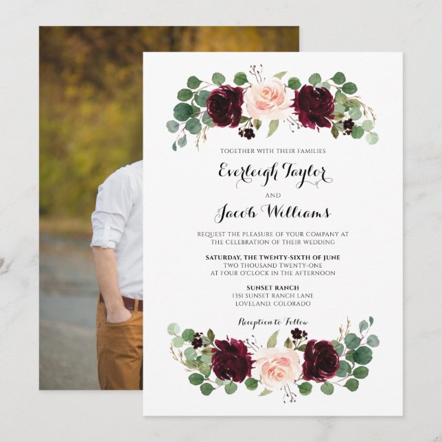 Burgundy Red Blush Pink Photo Floral Wedding Invitation (Front/Back)