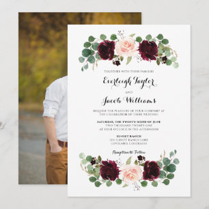 Burgundy Red Blush Pink Photo Floral Wedding Invitation