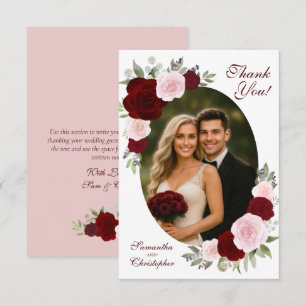 Burgundy Red & Blush Pink Roses Oval Photo Wedding Thank You Card
