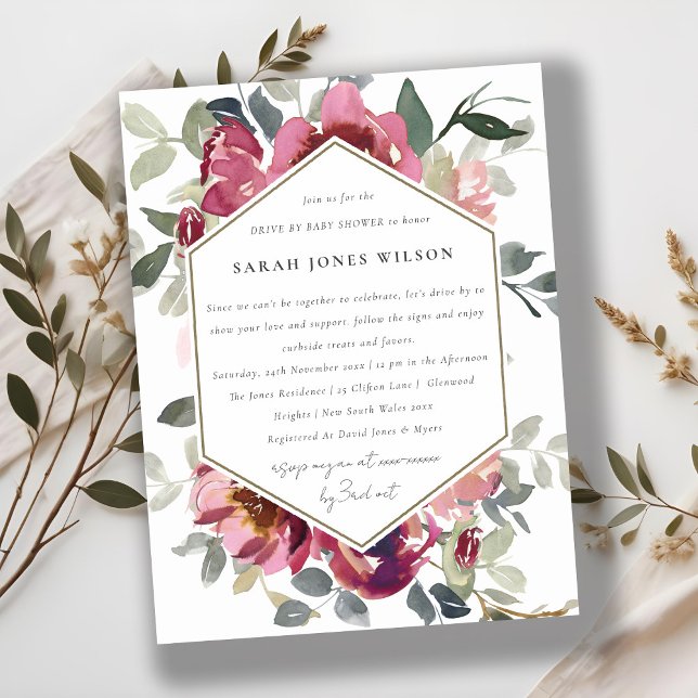 BURGUNDY RED BLUSH ROSE FLORA DRIVE BY BABY SHOWER POSTCARD (Creator Uploaded)