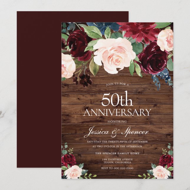 Burgundy Red Blush Rustic 50th Wedding Anniversary Invitation (Front/Back)