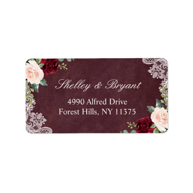 Burgundy Red Blush Watercolor Floral White Lace Label (Front)