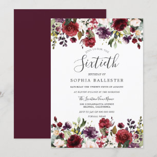 Burgundy Red Boho 60th Sixtieth Birthday Party Invitation