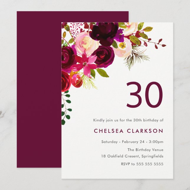 Burgundy Red Boho Floral 30th Birthday Party Invitation (Front/Back)
