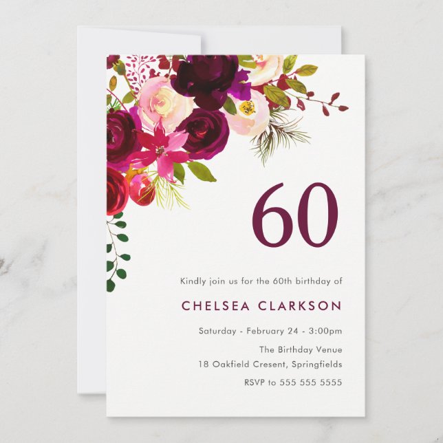 Burgundy Red Boho Floral 60th Birthday Party Invitation (Front)