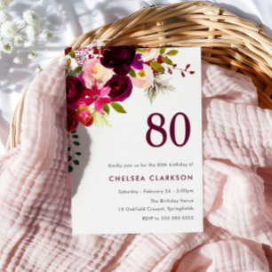 Burgundy Red Boho Floral 80th Birthday Party Invitation