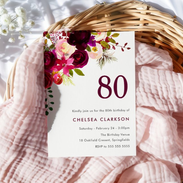 Burgundy Red Boho Floral 80th Birthday Party Invitation (Creator Uploaded)