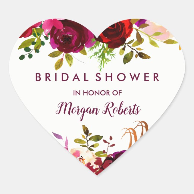 Burgundy Red Boho Floral Bridal Shower Heart Sticker (Front)