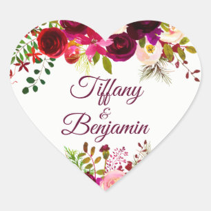 Burgundy Red Boho Floral Engagement Party Wedding Heart Sticker
