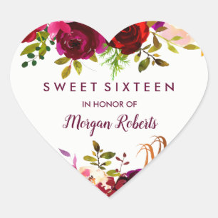 Burgundy Red Boho Floral Sweet Sixteen 16 Birthday Heart Sticker