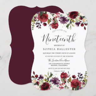 Burgundy Red Botanical 19th Birthday Party Invitation