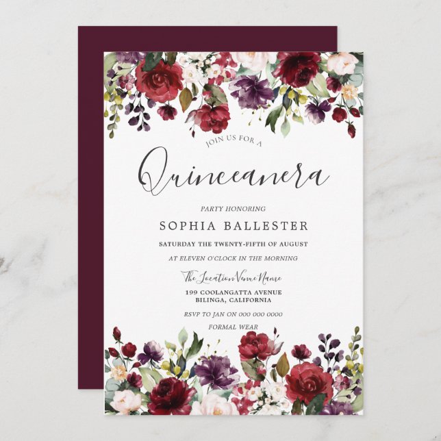 Burgundy Red Botanical Quinceanera Party Invitation (Front/Back)