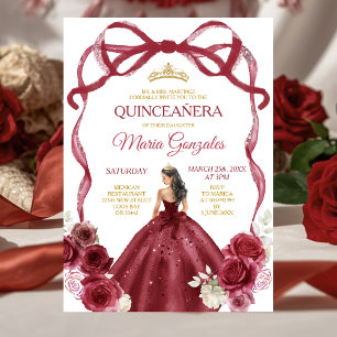 Burgundy Red Bow Princess Gold Crown Quinceañera Invitation