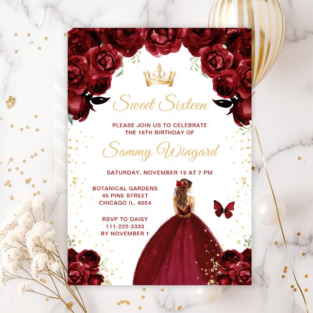 Burgundy Red Brown Hair Princess Sweet Sixteen Invitation (Creator Uploaded)
