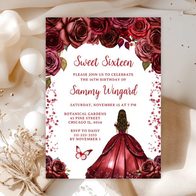 Burgundy Red Brown Hair Princess Sweet Sixteen Invitation (Creator Uploaded)