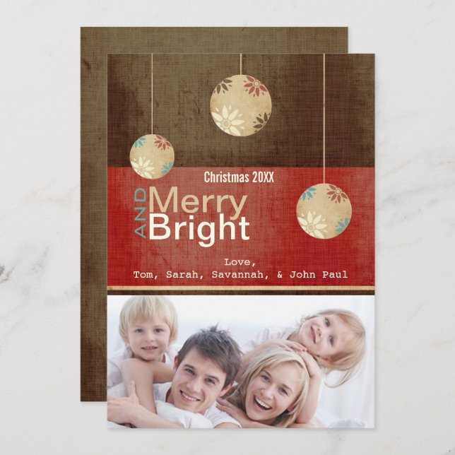 Burgundy Red Brown Merry and Bright Family Photo  Holiday Card (Front/Back)