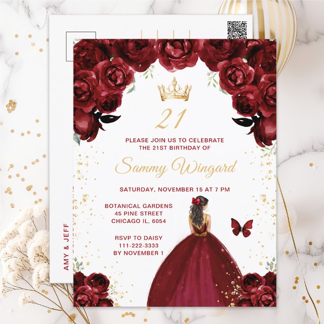 Burgundy Red Brunette Hair Princess Birthday Party Postcard (Creator Uploaded)