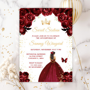 Burgundy Red Brunette Hair Princess Sweet Sixteen Invitation