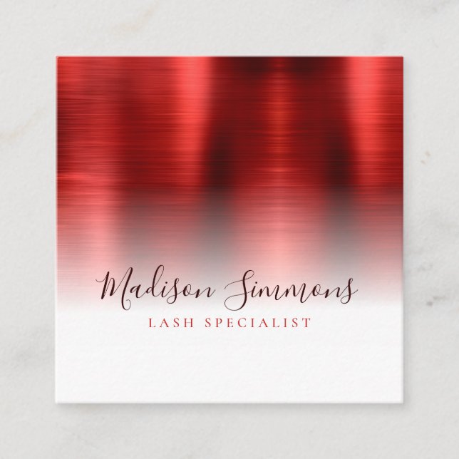 Burgundy Red Brushed Metal Monogram Elegant Script Square Business Card (Front)