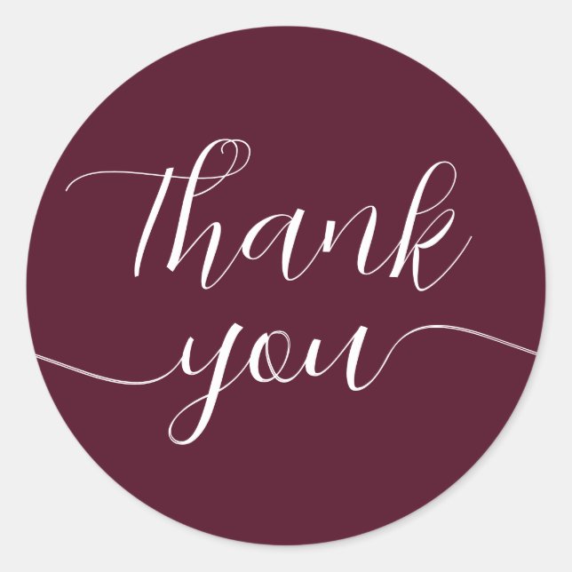 Burgundy Red Calligraphy Elegant Thank You Classic Round Sticker (Front)