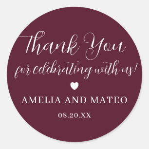 Burgundy Red Calligraphy Wedding Thank You Favour Classic Round Sticker
