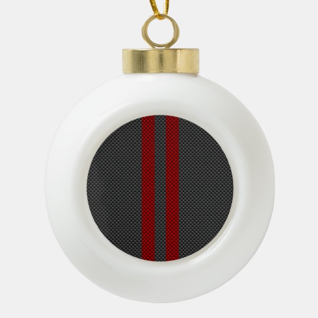 Burgundy Red Carbon Fiber Style Stripes Ceramic Ball Christmas Ornament (Front)