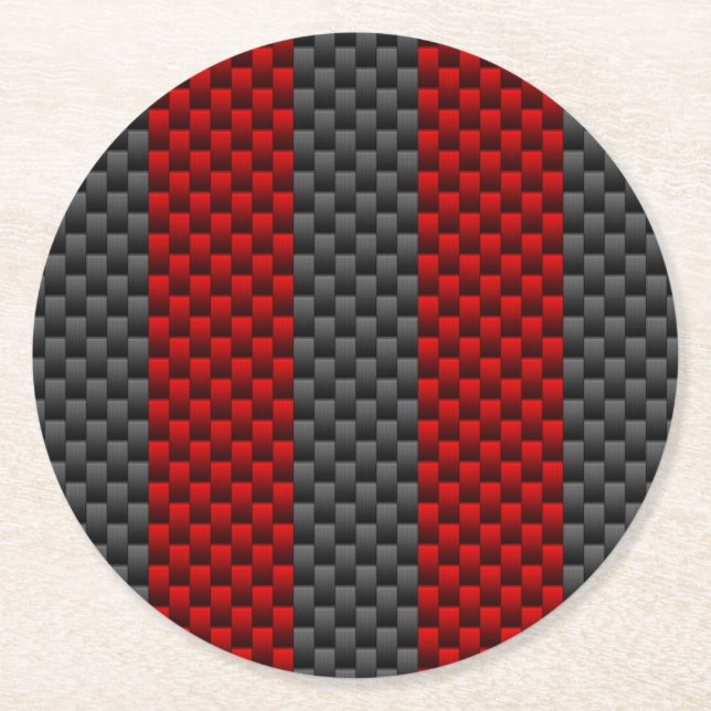 Burgundy Red Carbon Fibre Like Racing Stripes Round Paper Coaster (Front)