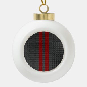Burgundy Red Carbon Fibre Style Stripes Ceramic Ball Christmas Ornament