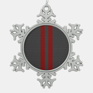 Burgundy Red Carbon Fibre Style Stripes Snowflake Pewter Christmas Ornament
