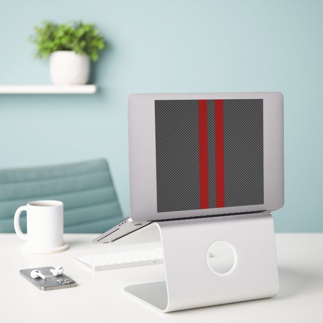 Burgundy Red Carbon Style Racing Stripes Decor (Laptop On Desk)