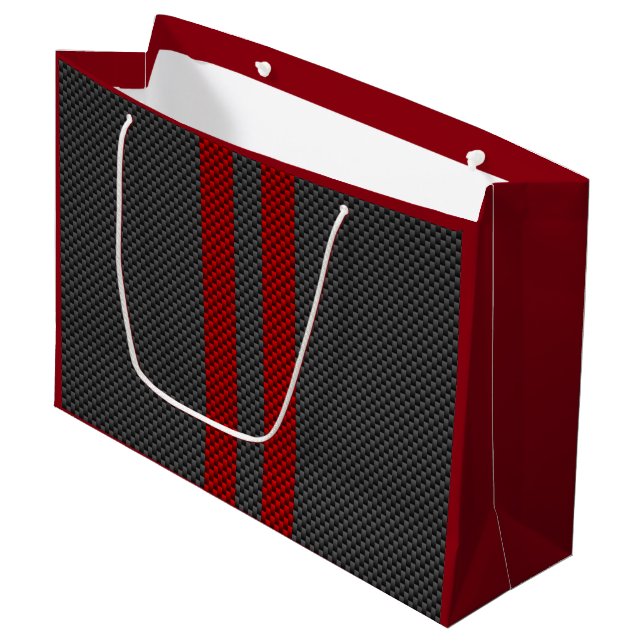Burgundy Red Carbon Style Racing Stripes Decor Large Gift Bag (Front Angled)