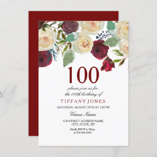 Burgundy Red Champagne white roses 100th birthday Invitation